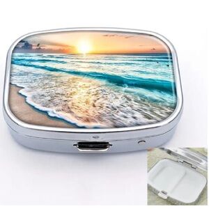 Coastal Ocean Beach Sunset Multi-Use Mirrored Pill Box Container